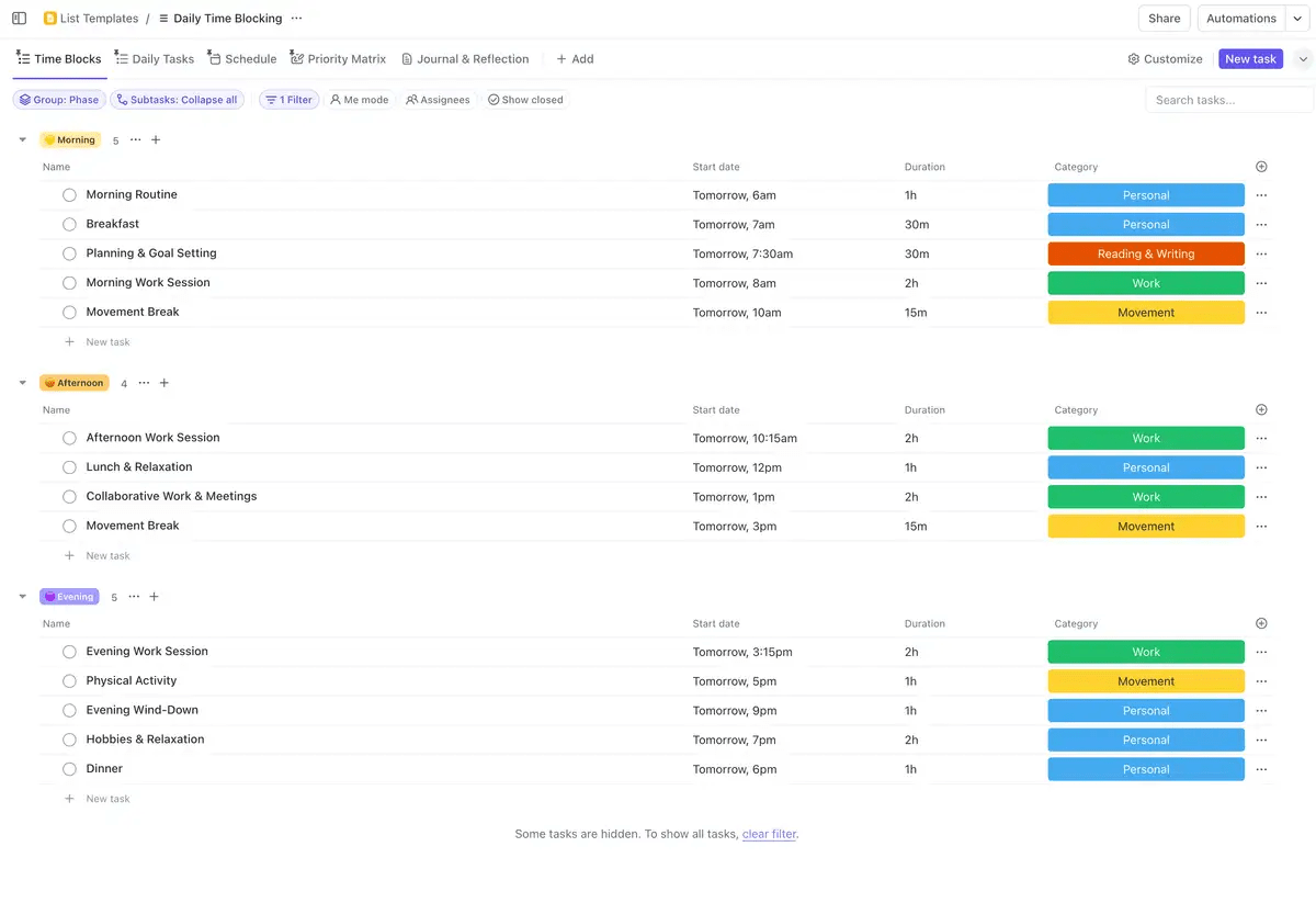 Make meaningful progress toward your Flowtime goals with the ClickUp Daily Time Blocking Template