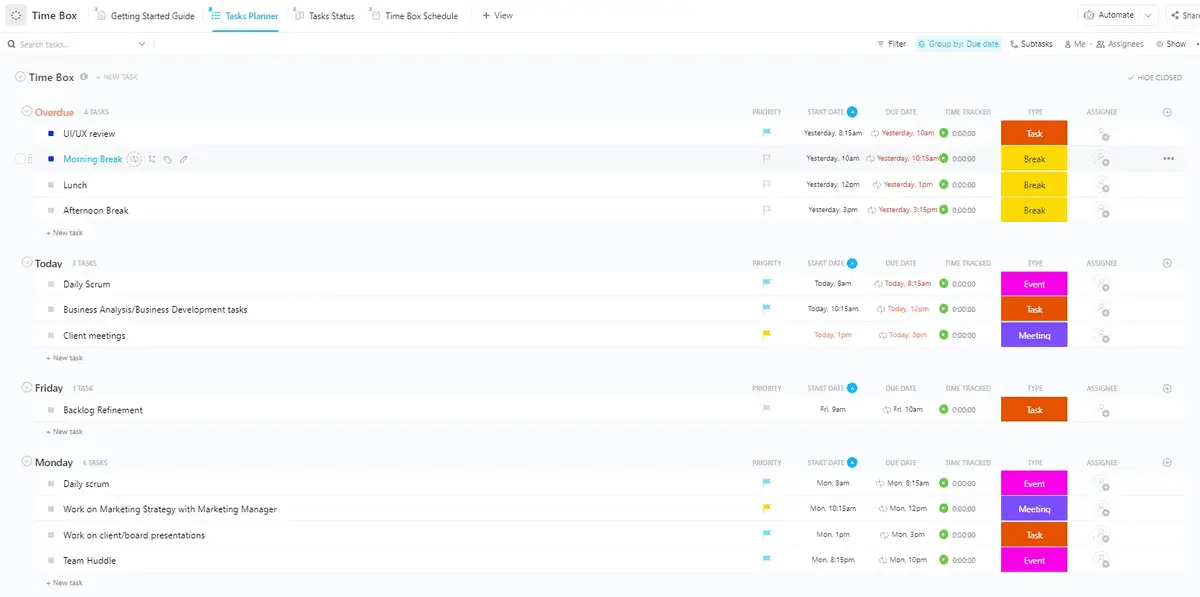 ClickUp's Time Box Template is designed to help you keep track of all of your tasks within a given time frame.   