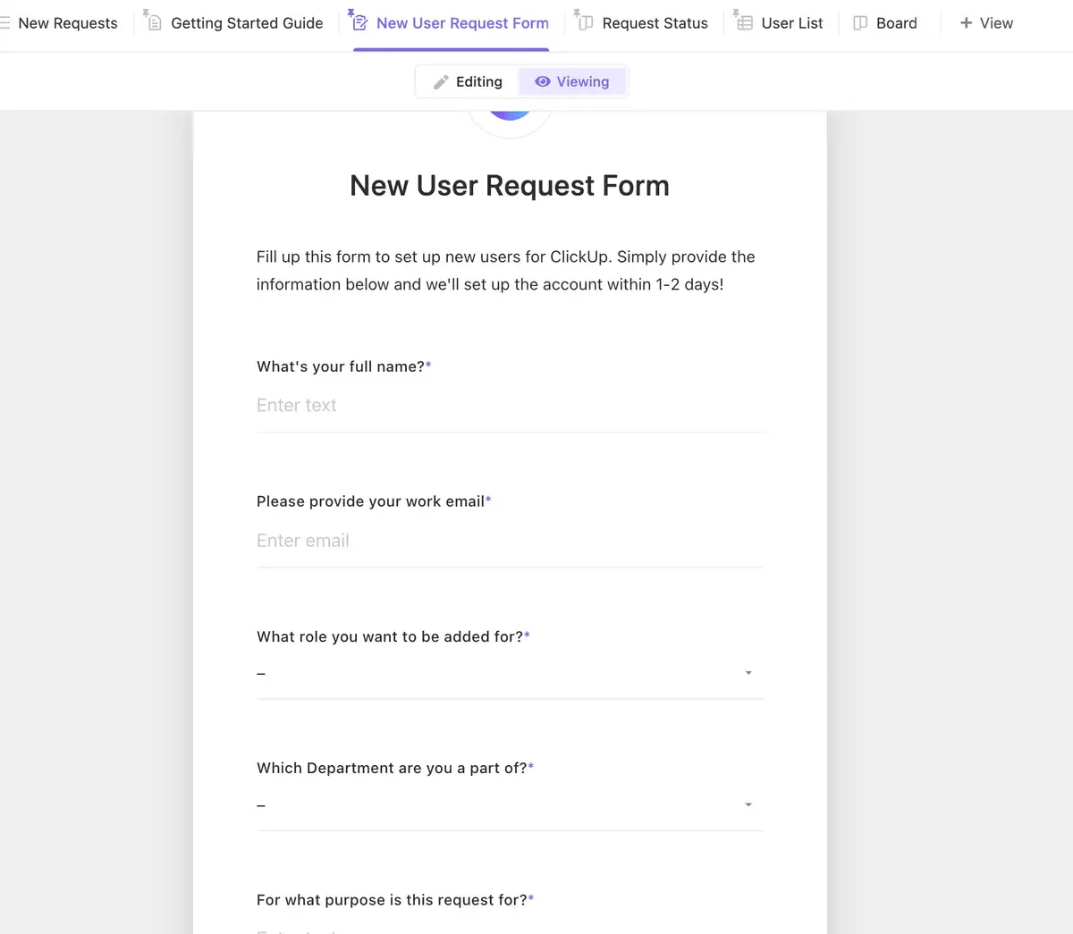 ClickUp's Request Form Template is designed to help you track employee requests and requests from external contacts.