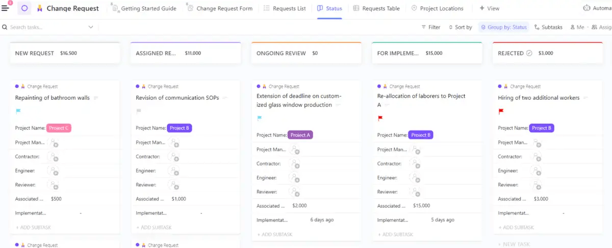 Prioritize, track, manage, and approve change requests on your projects to reduce feedback fatigue with the ClickUp Change Request Template