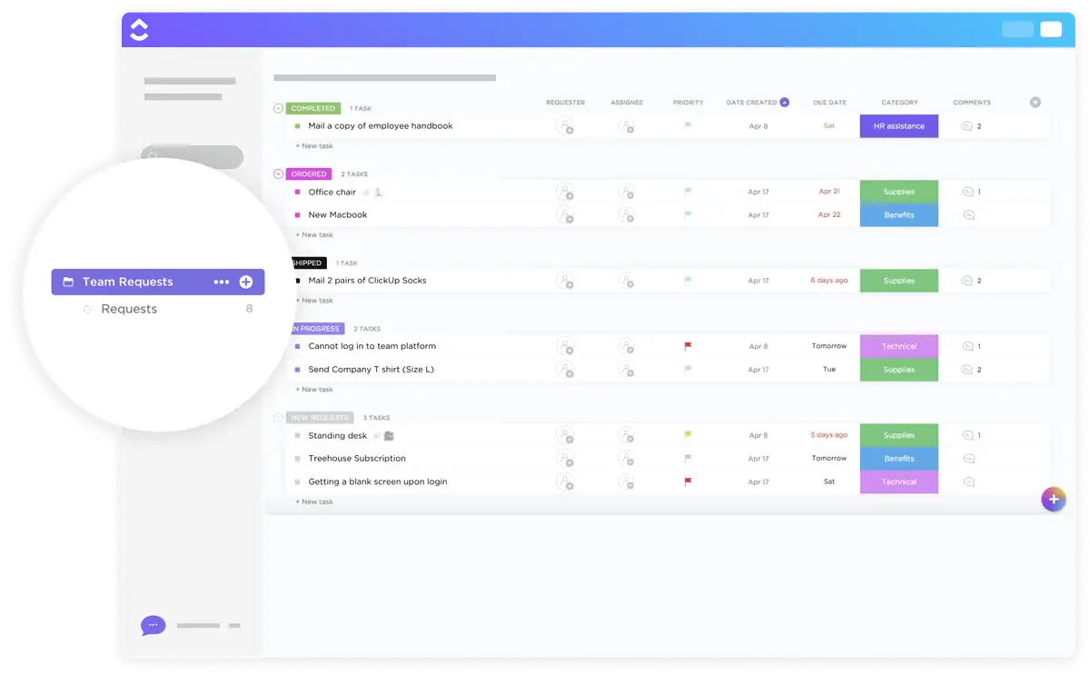 Organize, manage, track, respond, and resolve all your employee requests from any department with the ClickUp Team Requests Template