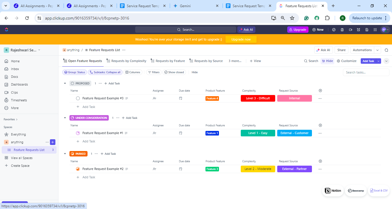 Help your product development, tech, and software teams raise feature requests quickly and get resolutions in time with ClickUp Feature Request List Template