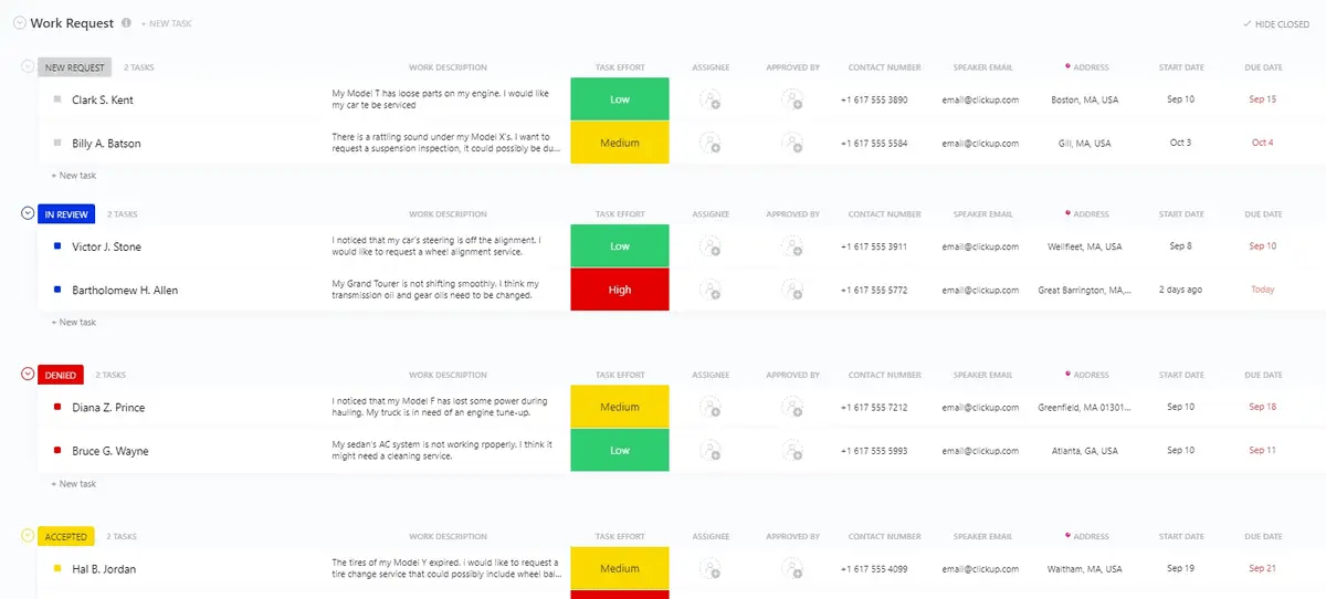 Resolve employee grievances to improve job satisfaction and productivity levels with the ClickUp Work Request Template