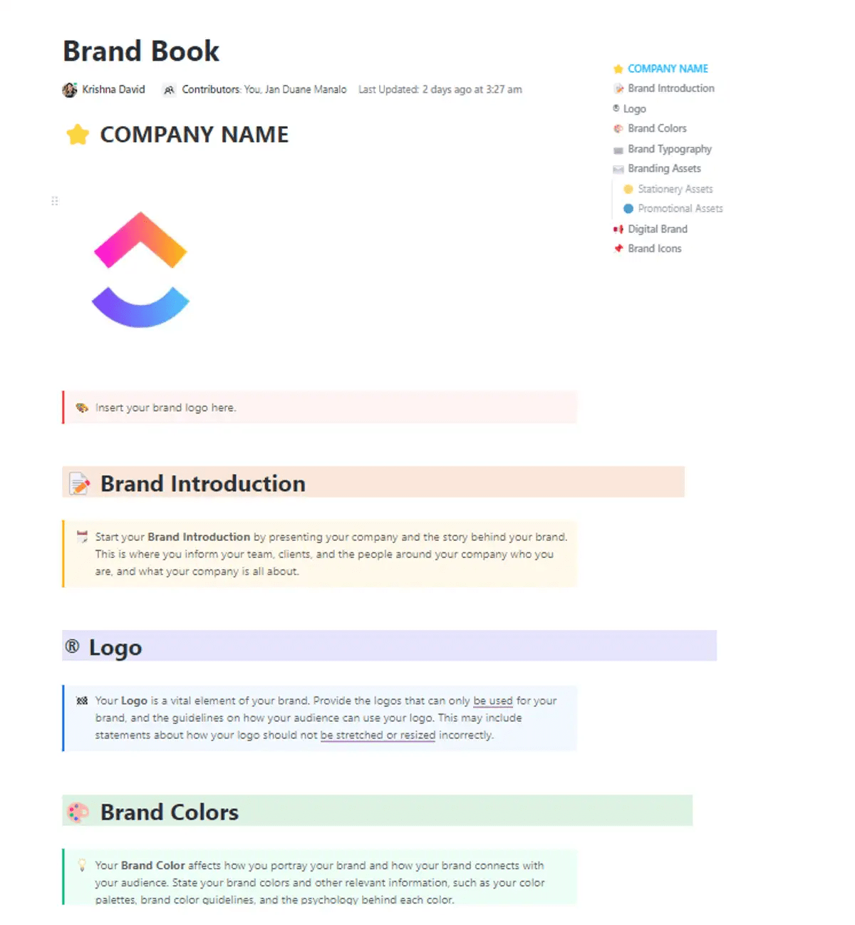 Craft a captivating  brand story with the ClickUp Brand Book Template 