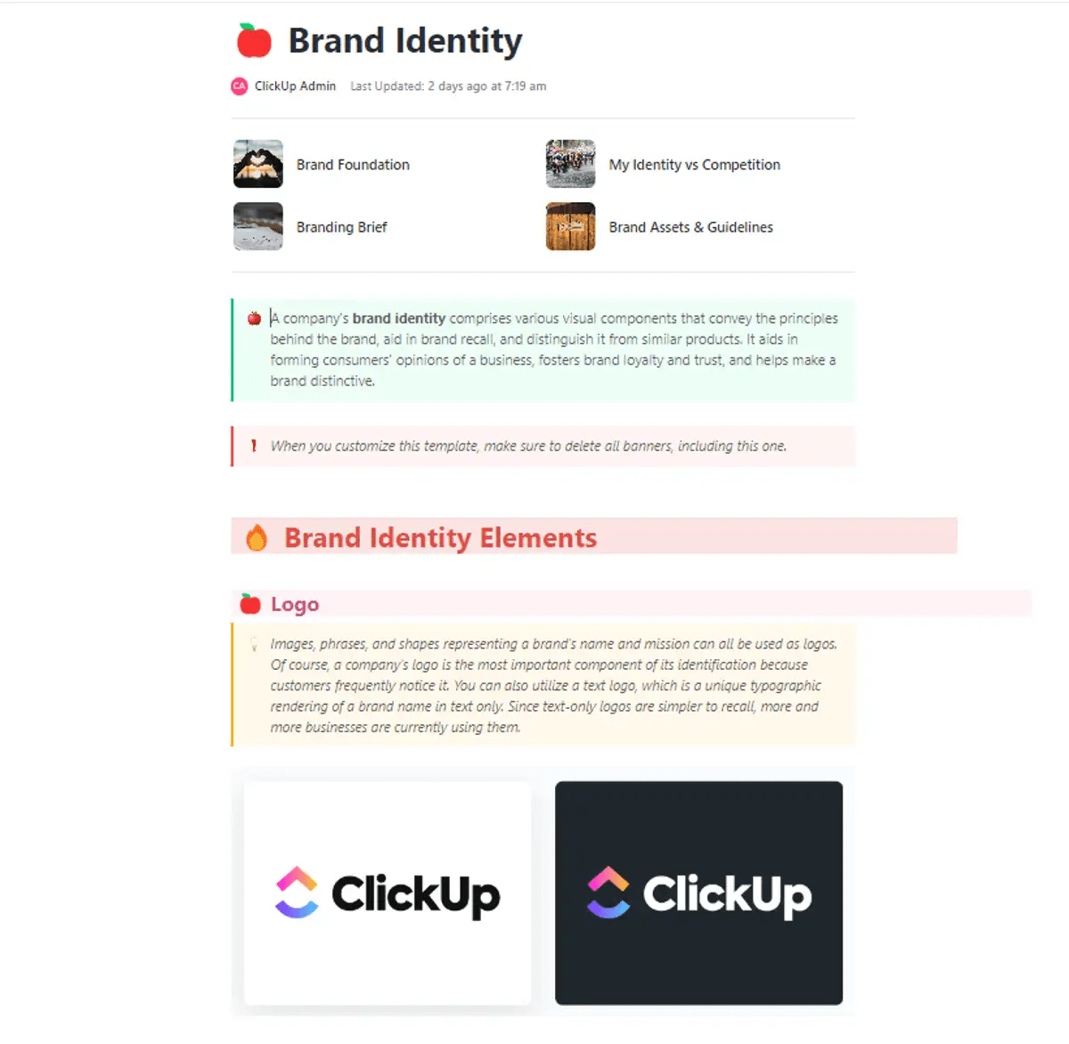 Simplify the process of crafting a powerful brand identity with the ClickUp Brand Identity Template 