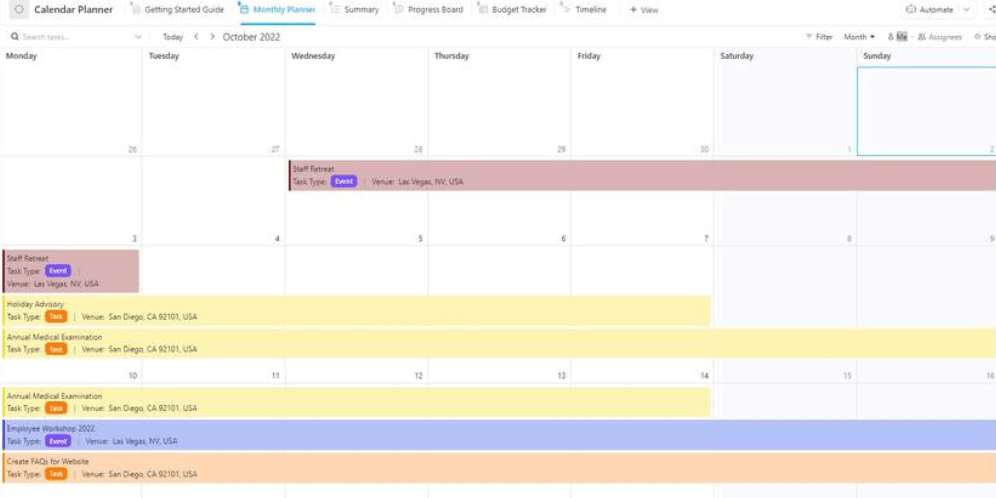 Effectively manage your workload and break down your tasks into manageable ones using ClickUp’s Calendar Planner Template