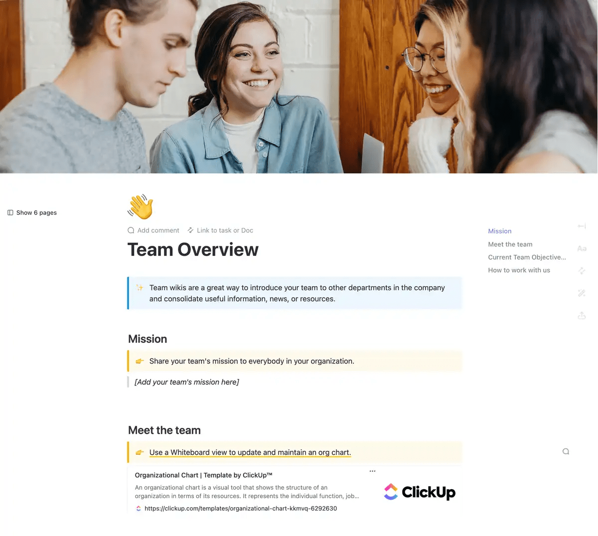 La plantilla wiki de ClickUp está diseñada para ayudarle a crear una completa biblioteca de conocimientos para su equipo.  