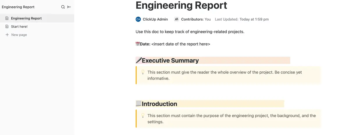 Customize your product engineering plans and stay on top of project development with ClickUp Engineering Report Template