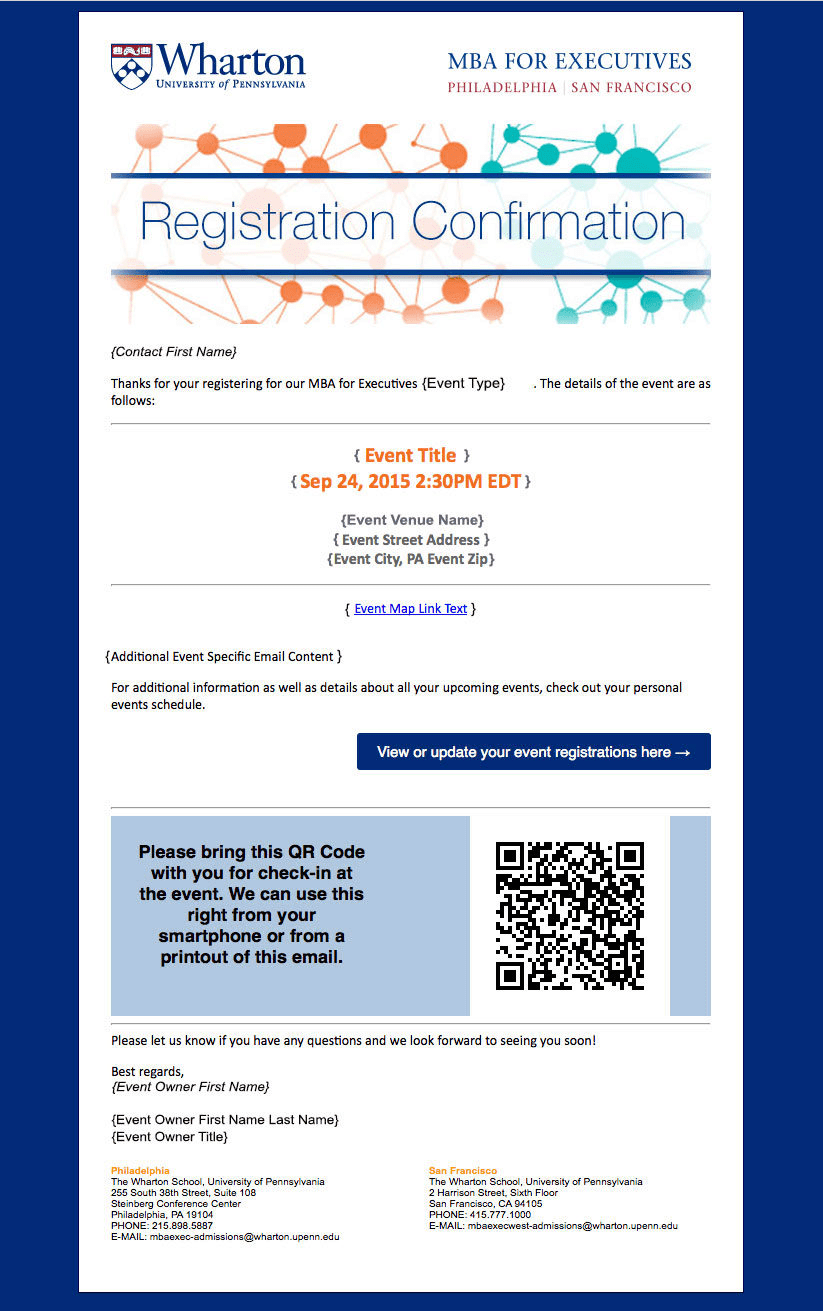 Registration confirmation email example from Wharton