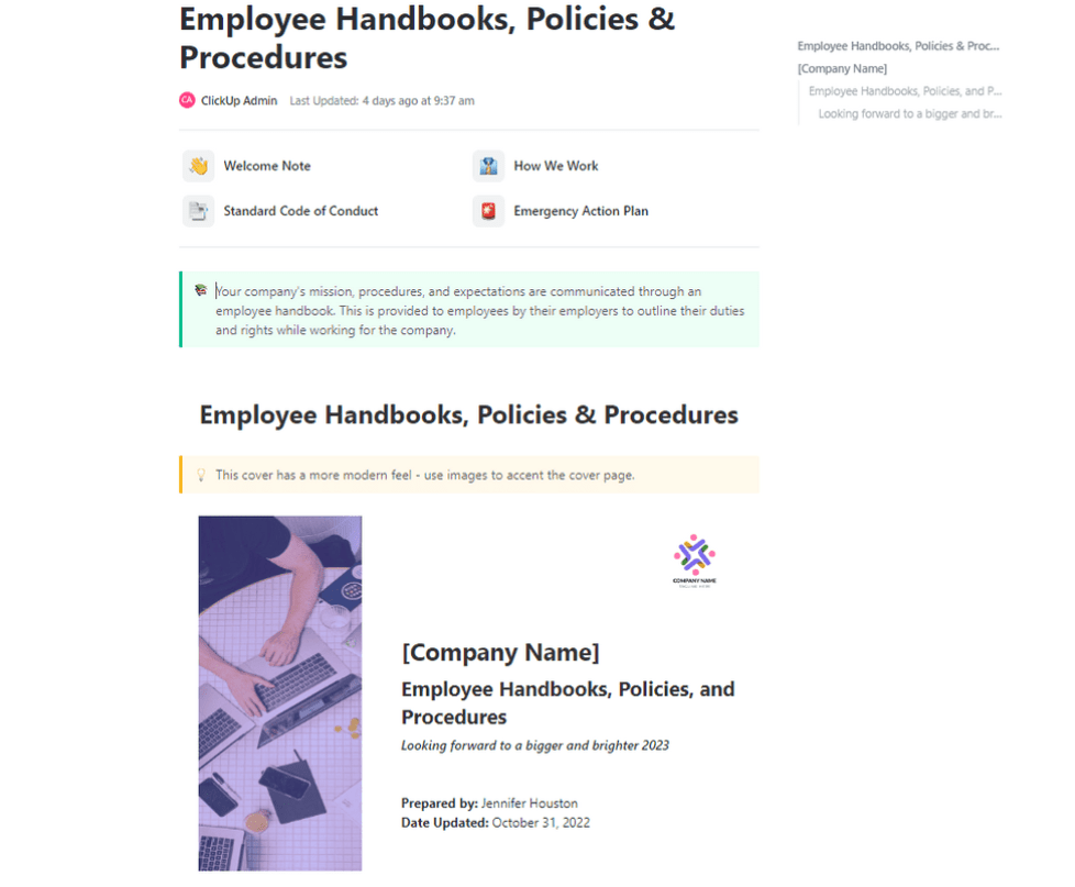 Communicate your company's mission, procedures, and expectations with the ClickUp Employee Handbooks, Policies & Procedures Template
