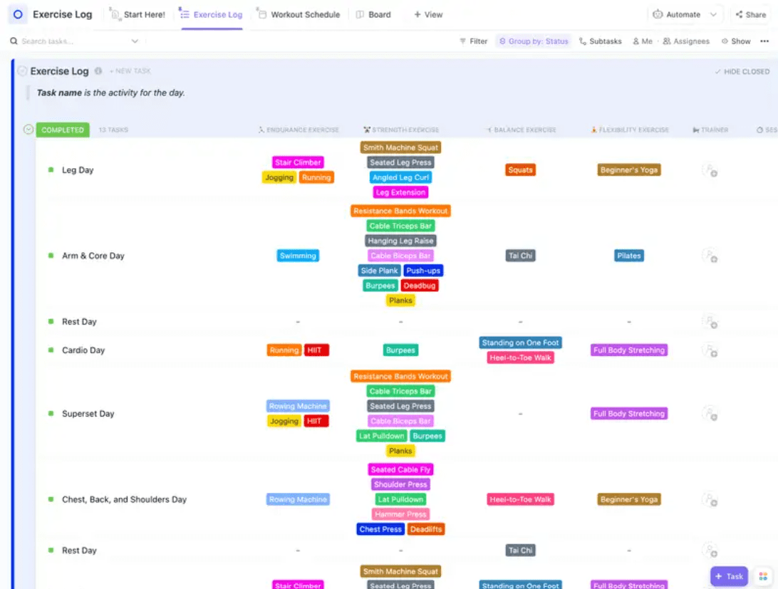 La plantilla de registro de ejercicios de ClickUp está diseñada para ayudarte a mantenerte al tanto de tus Metas de ejercicio.