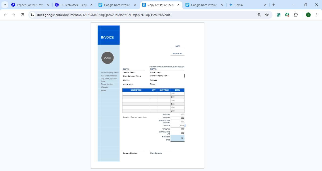 Google Docs Classic Invoice Template 