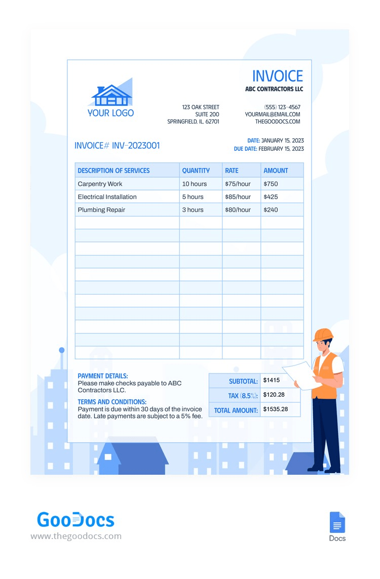 Modèle de facture d'entrepreneur Google Docs