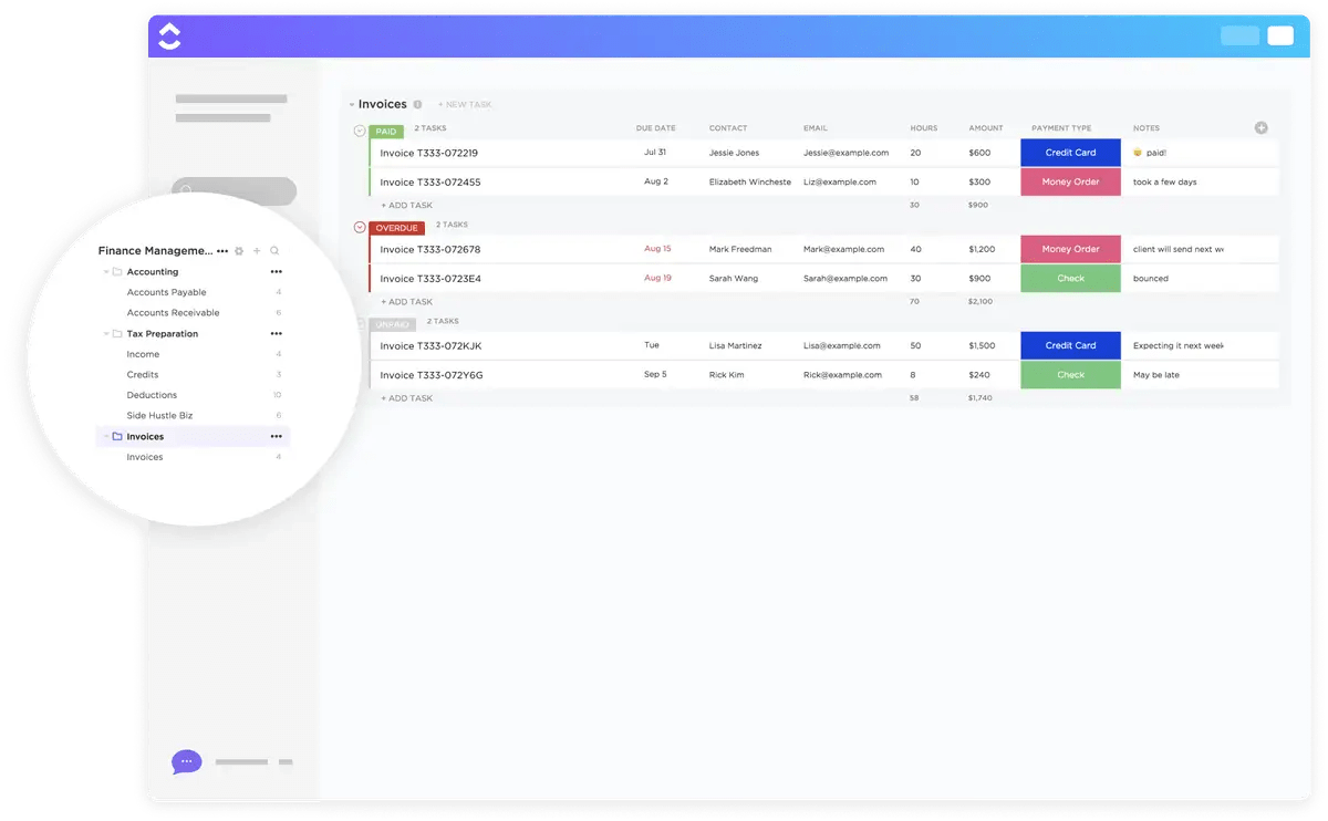 Créez de belles factures et gardez-en la trace grâce au modèle de suivi des factures ClickUp