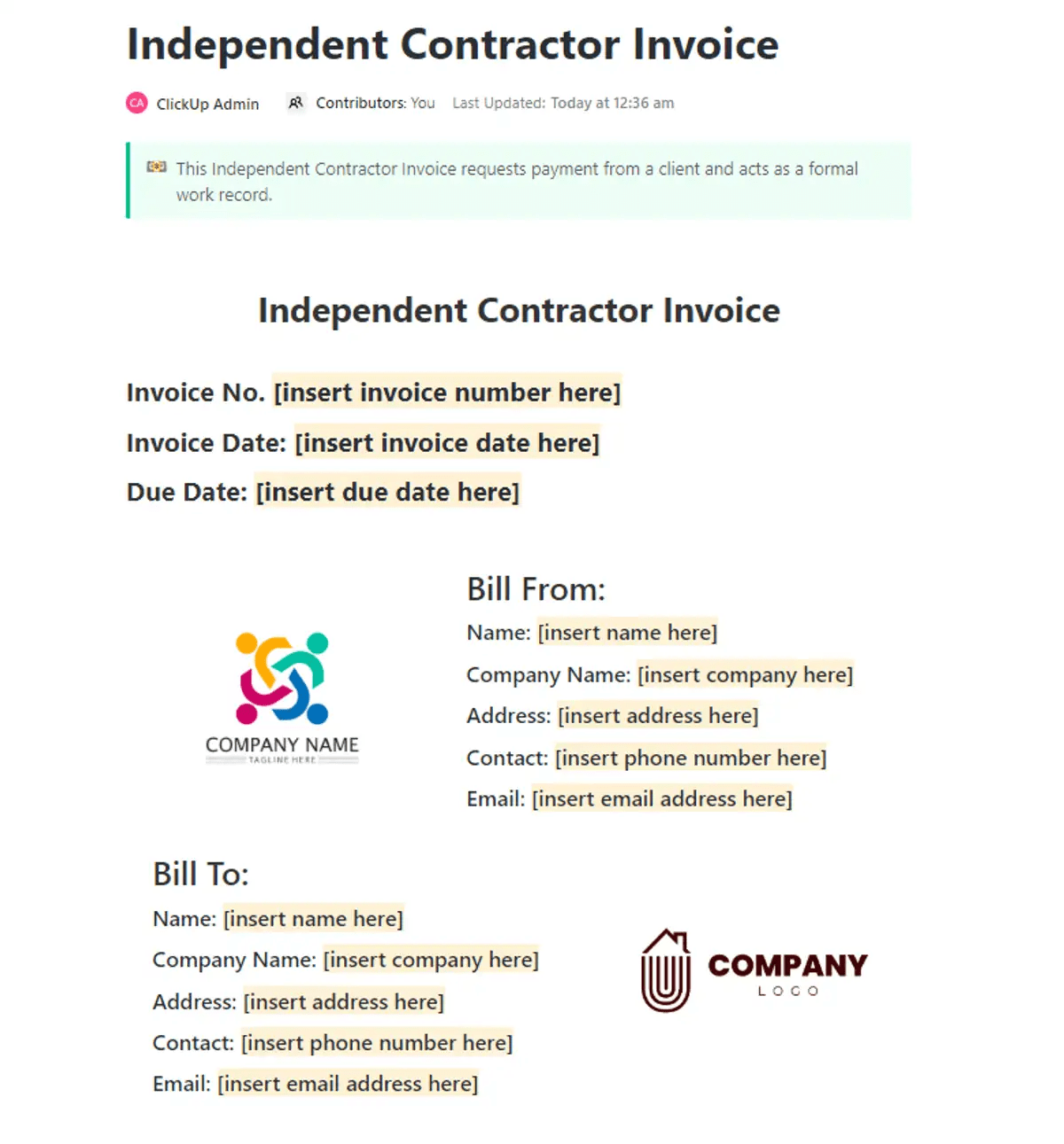 ClickUp Independent Contractor Invoice Template