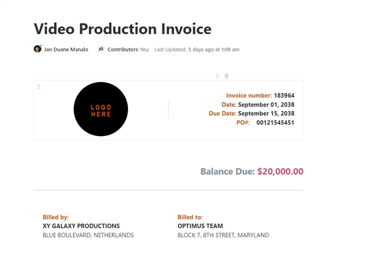 Get paid for your hard work, and clearly define the compensation terms for each project with ClickUp Video Production Invoice Template