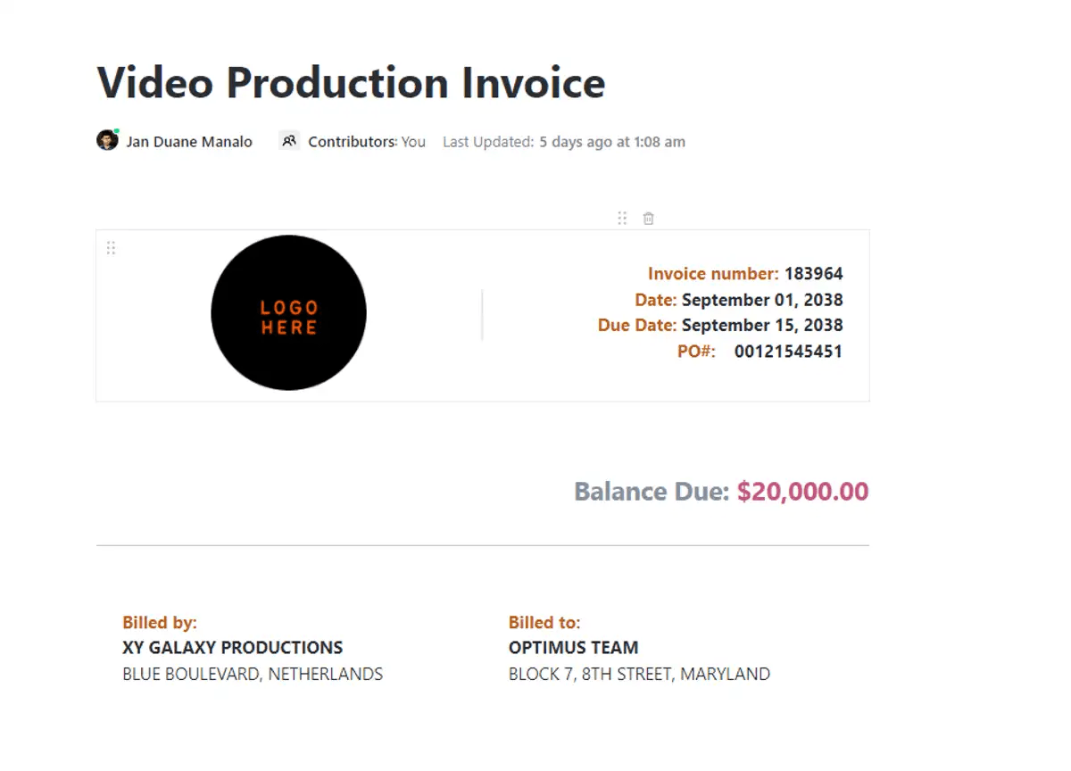 ClickUp Video Production Invoice Templateで、頑張った仕事に対する報酬を受け取り、プロジェクトごとの報酬条件を明確にしましょう。