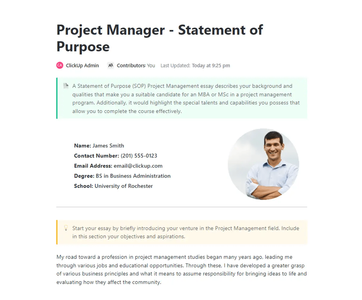 Personalize o ClickUp's Project Manager - Statement of Purpose pronto para uso de acordo com seu projeto