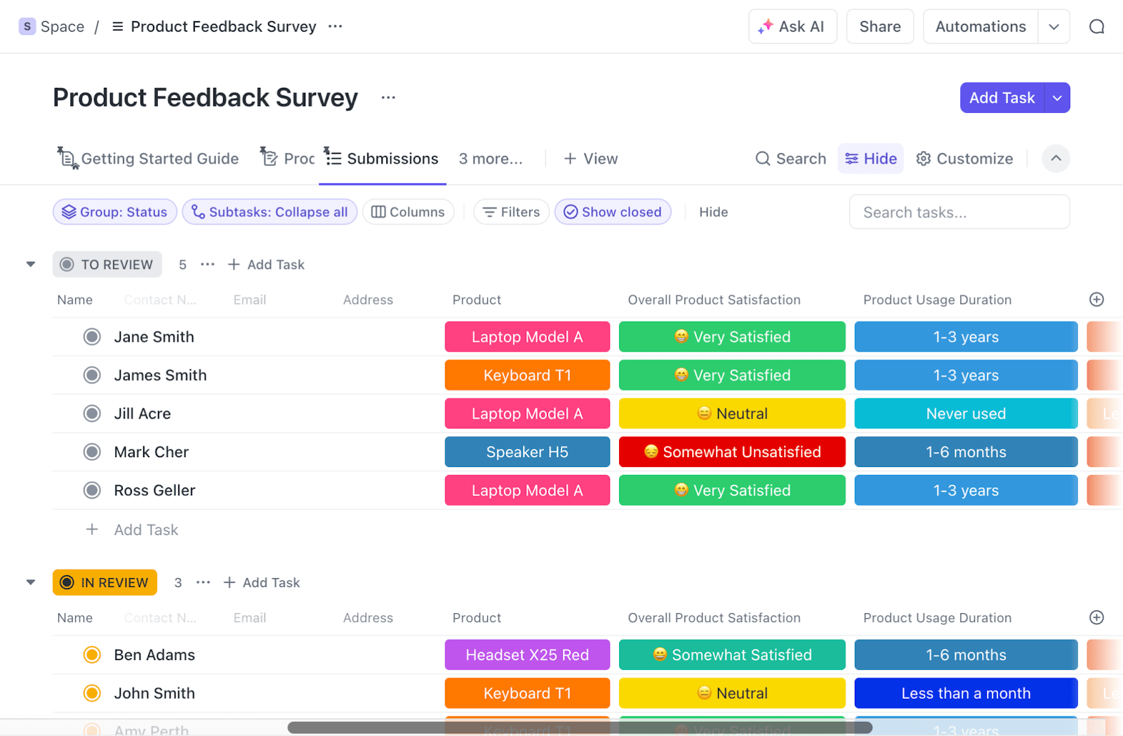 Verfolgen Sie das Produktfeedback, konsolidieren Sie die Antworten und weisen Sie ihnen sogar Aufgaben zu - mit der ClickUp Vorlage für Produktfeedback-Umfragen