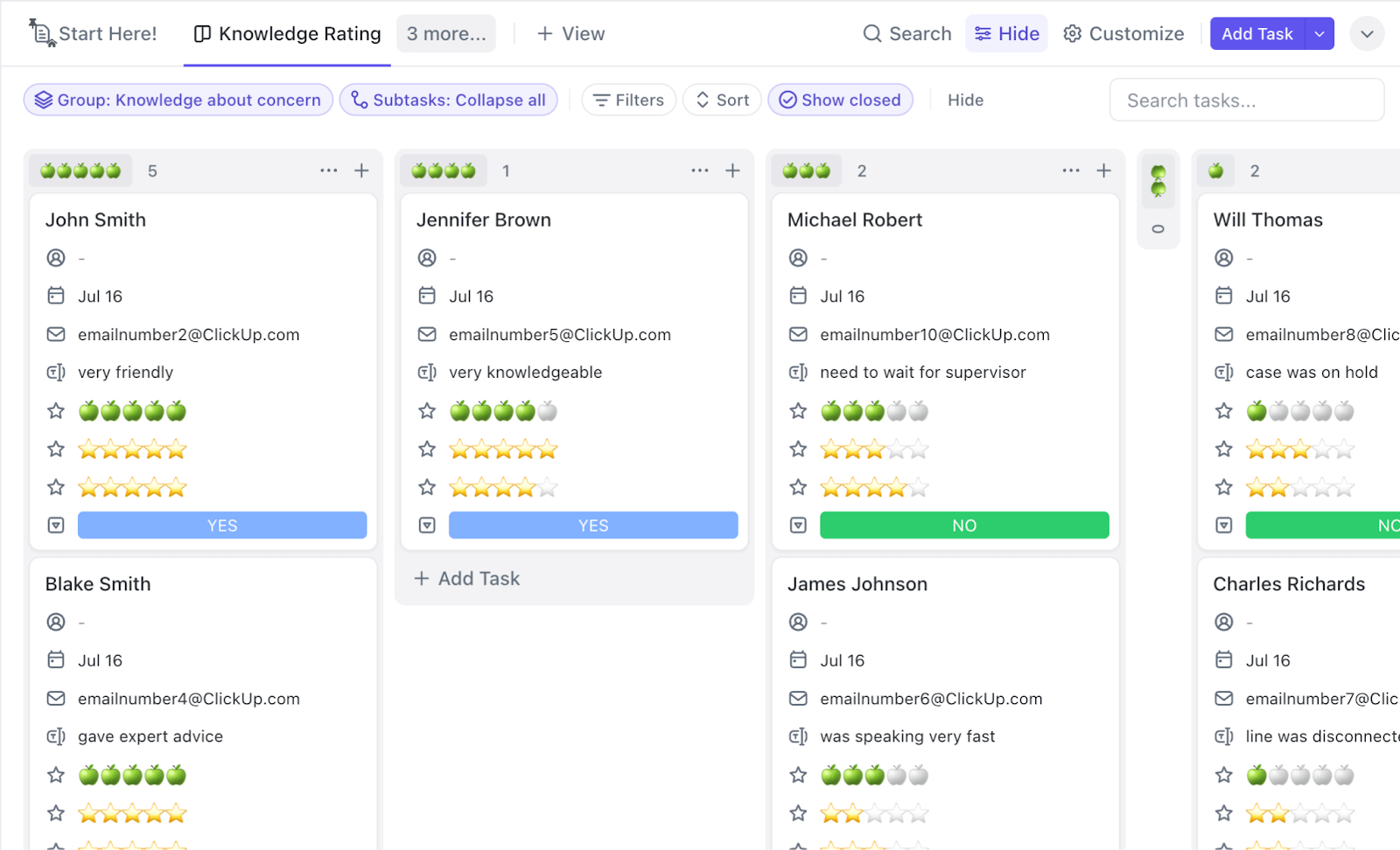 Averigüe el grado de satisfacción de sus clientes con su producto (y agentes de asistencia) con la plantilla de resultados de la encuesta de satisfacción de clientes de ClickUp