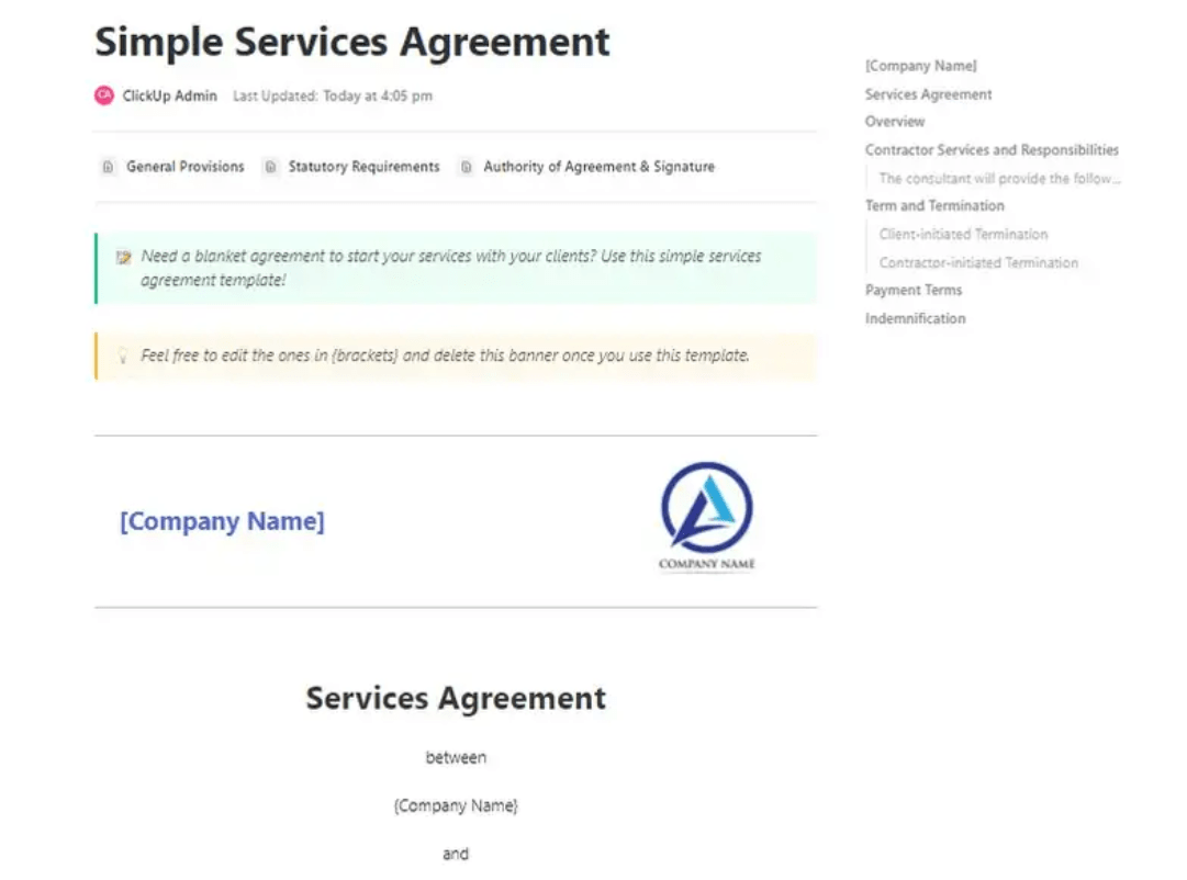 Kickstart en behoud duidelijkheid en consistentie in al uw SLA's met ClickUp's sjabloon voor dienstenovereenkomsten