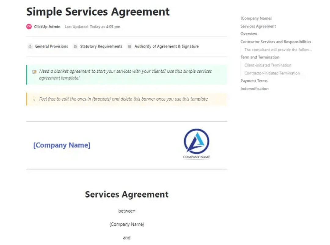 Dê o pontapé inicial e mantenha a clareza e a consistência em todos os seus SLAs com o modelo de contrato de serviços do ClickUp