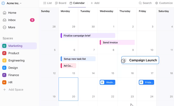 Visualização do calendário do ClickUp