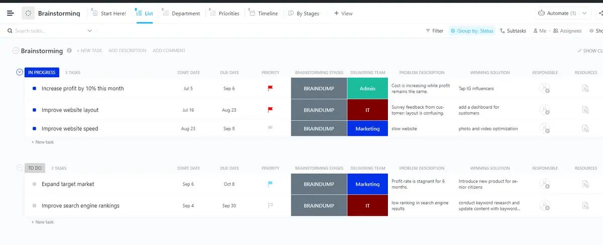 Przechwytuj i organizuj pomysły swojego zespołu za pomocą szablonu ClickUp Brainstorming Template