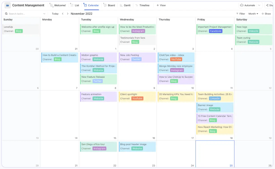 ClickUp’s Marketing Content Calendar Template streamlines content planning and organization, ensuring all campaigns and initiatives are on track