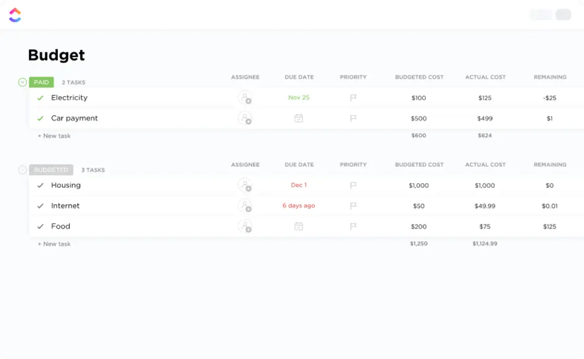 Keep track of your finances and progress on the path towards achieving greater financial independence with ClickUp’s Personal Budget Template