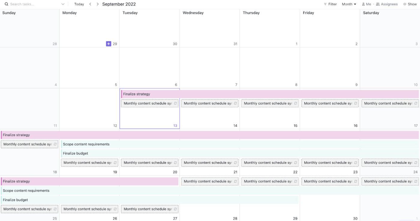 Visualização do calendário do ClickUp