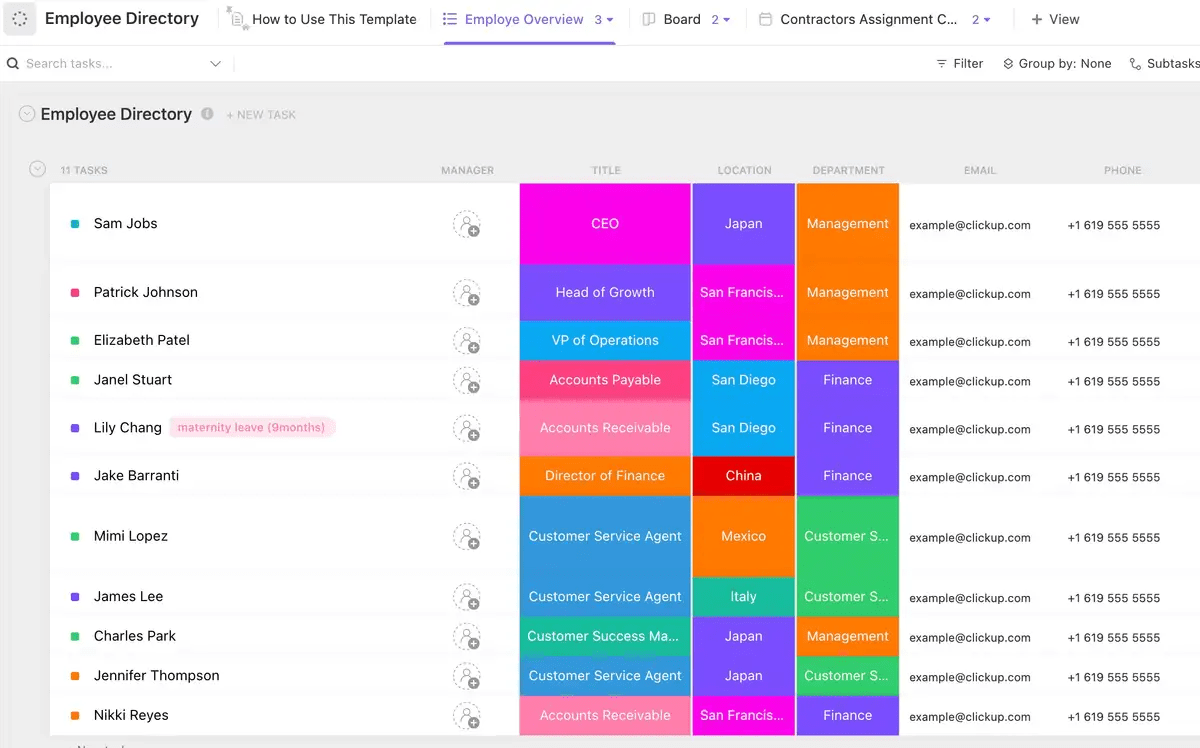 Centralice todos los registros de los empleados creando una base de datos de fácil búsqueda utilizando la plantilla de directorio de empleados de ClickUp