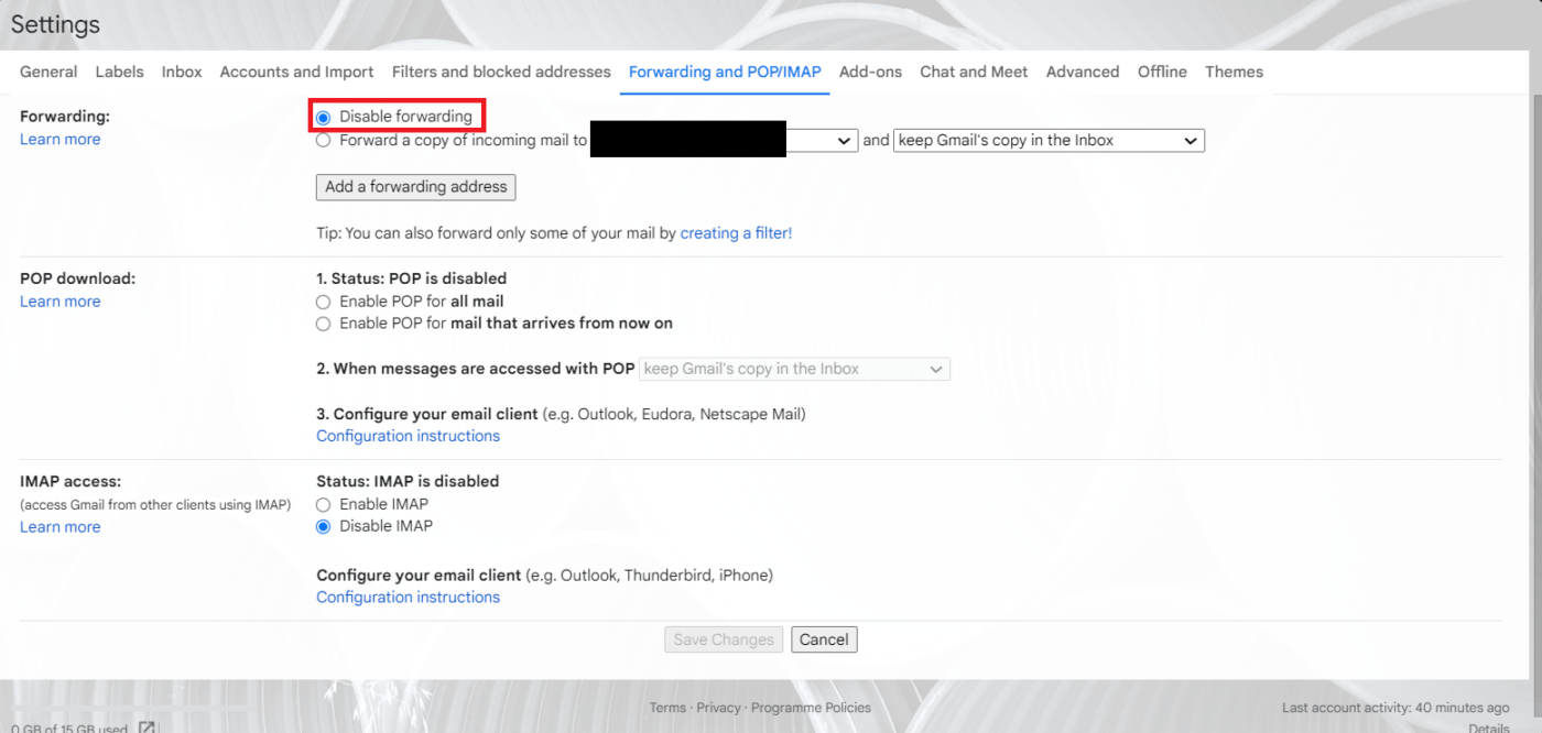 Turn off forwarding in Gmail
