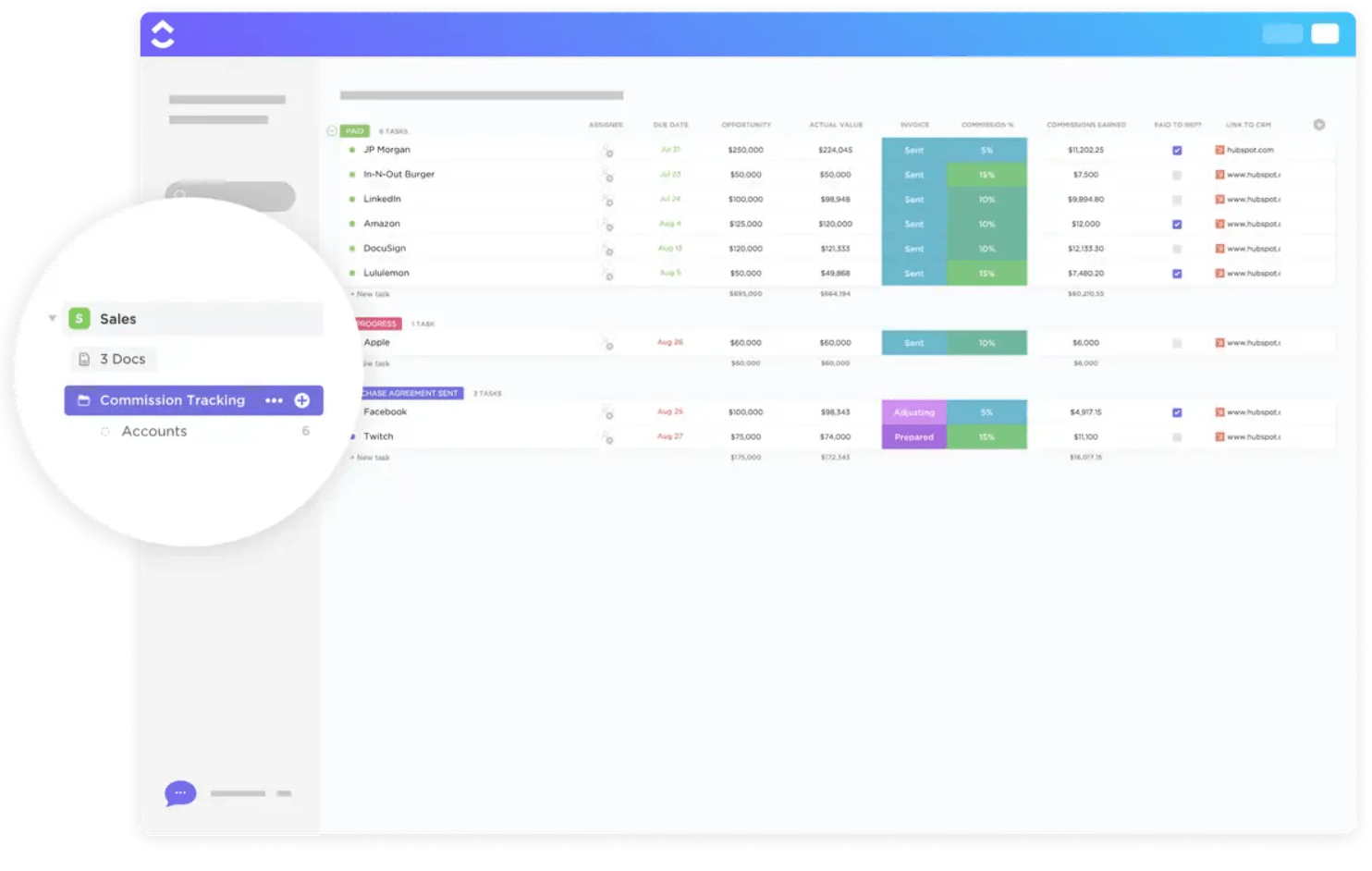 Modello di monitoraggio delle commissioni di ClickUp