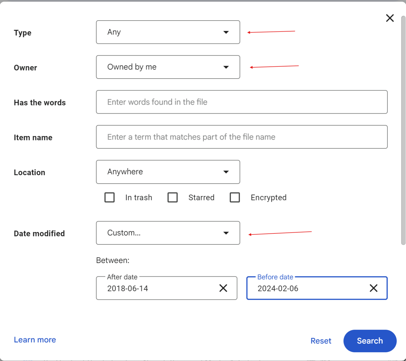 Choose from multiple criteria to find specific files on Google Drive