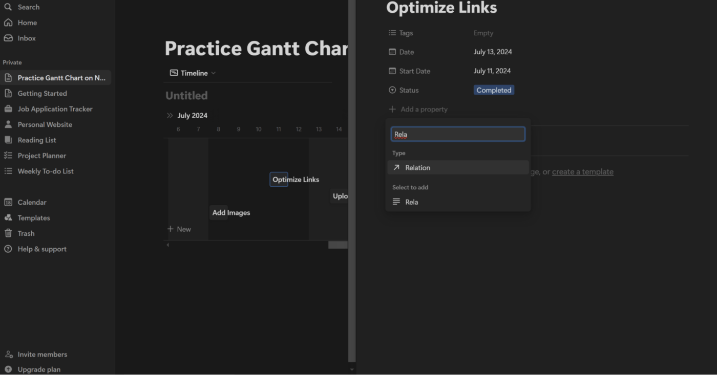 Etapa 5 para criar um gráfico de Gantt no Notion