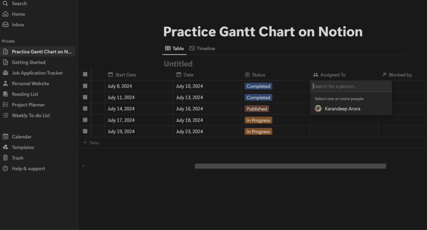 Etapa 6 para criar um gráfico de Gantt no Notion