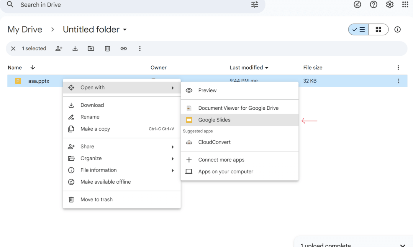 Choosing the Google Slides option converts your file automatically to Google Slides