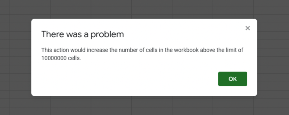 A screenshot showing the cell limit of Google Sheets