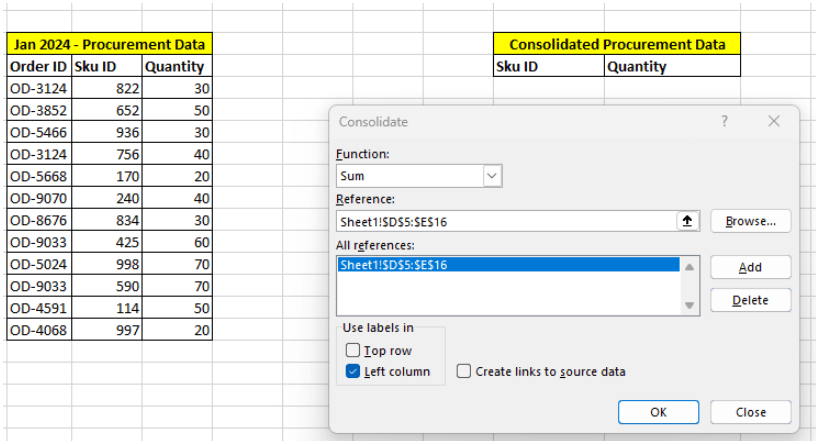 how to merge two Excel spreadsheets: Adding references and selecting the labels in the ‘Consolidate’ window