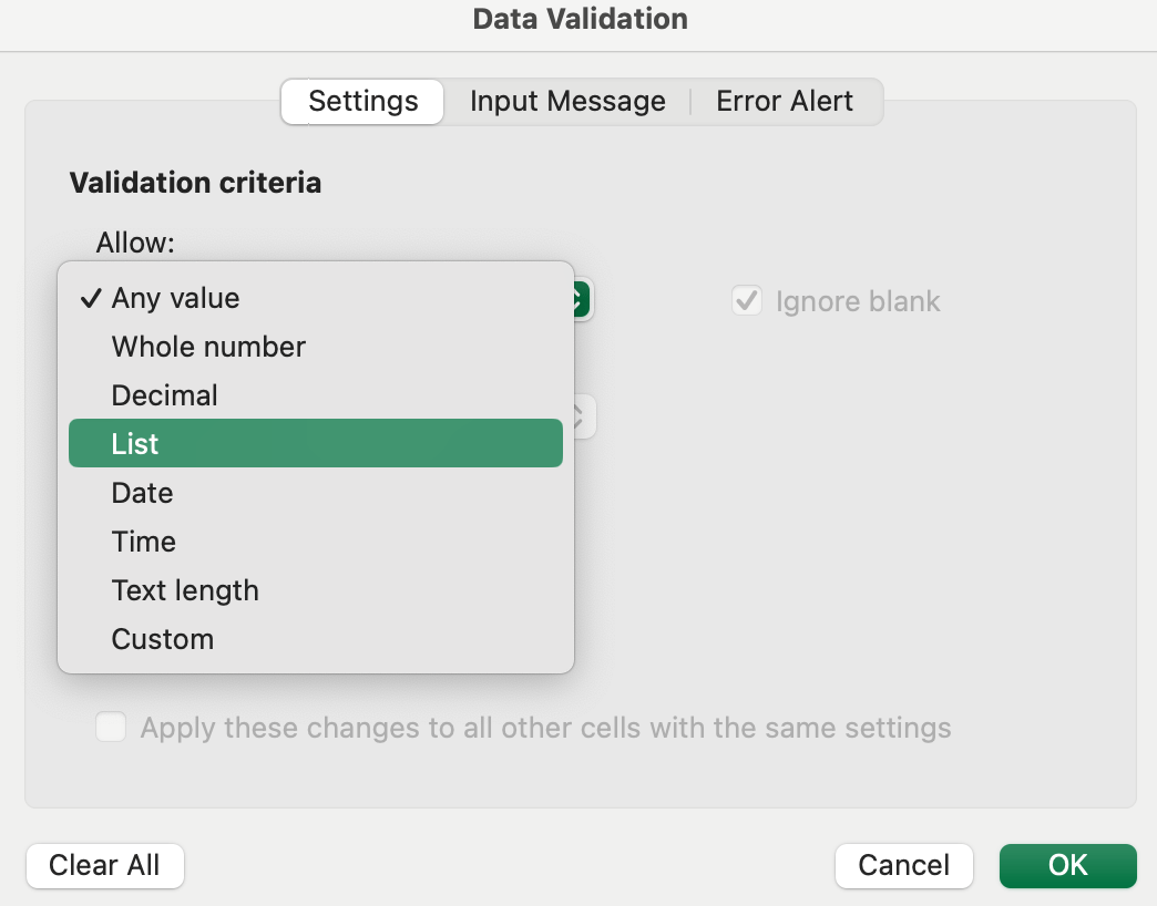 Excelでアンケートのリストオプションを許可する