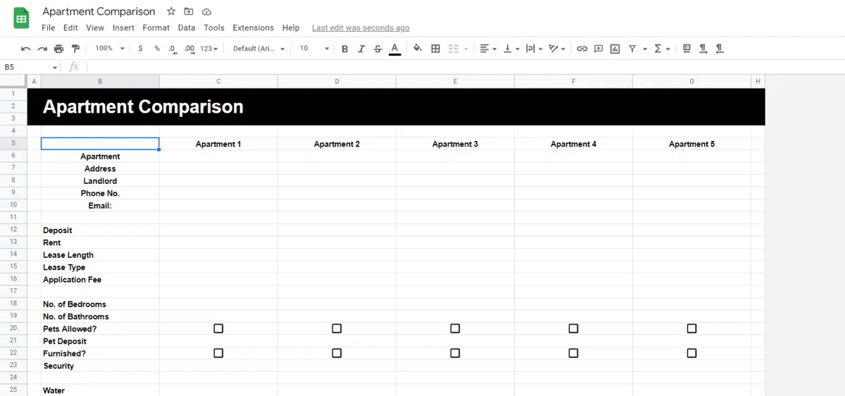 Modelo de planilha de busca de apartamentos da Spreadsheetpoint