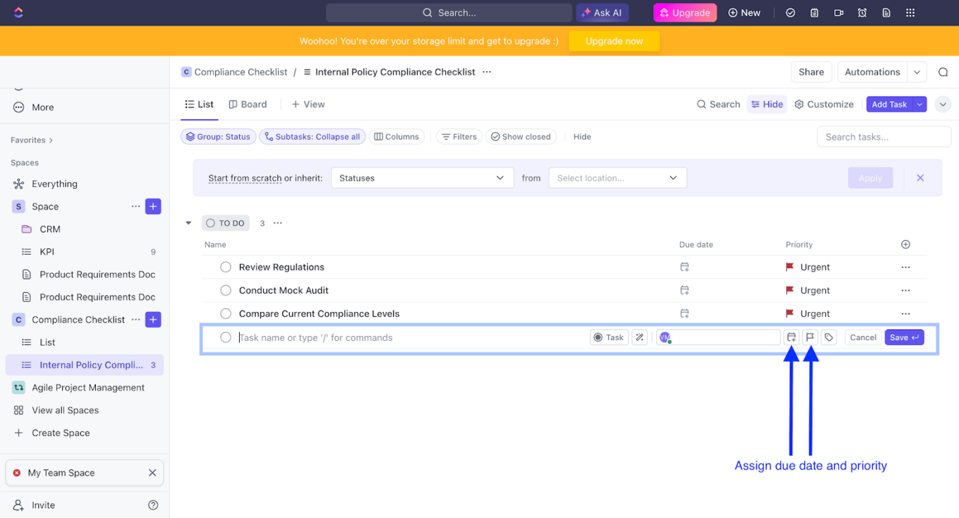 Deadlines en prioriteiten toewijzen in ClickUp-taak Checklist