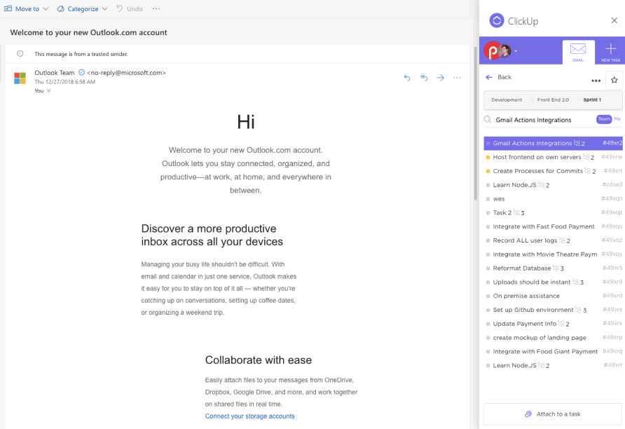 Adjuntar correos electrónicos a tareas con la integración de ClickUp en Outlook