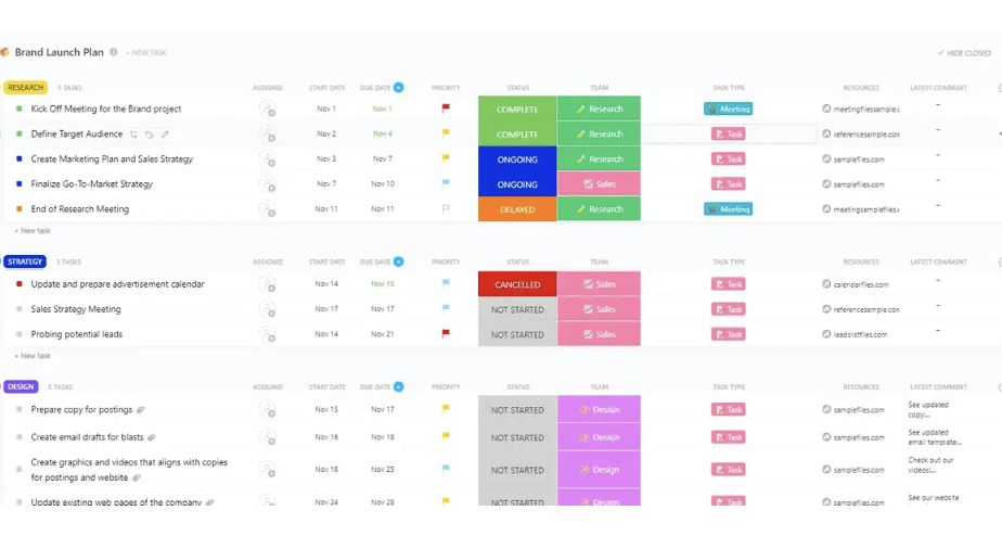 La plantilla del plan de lanzamiento de marca de ClickUp está diseñada para ayudarle a planificar, organizar y seguir el progreso del lanzamiento de una marca.  