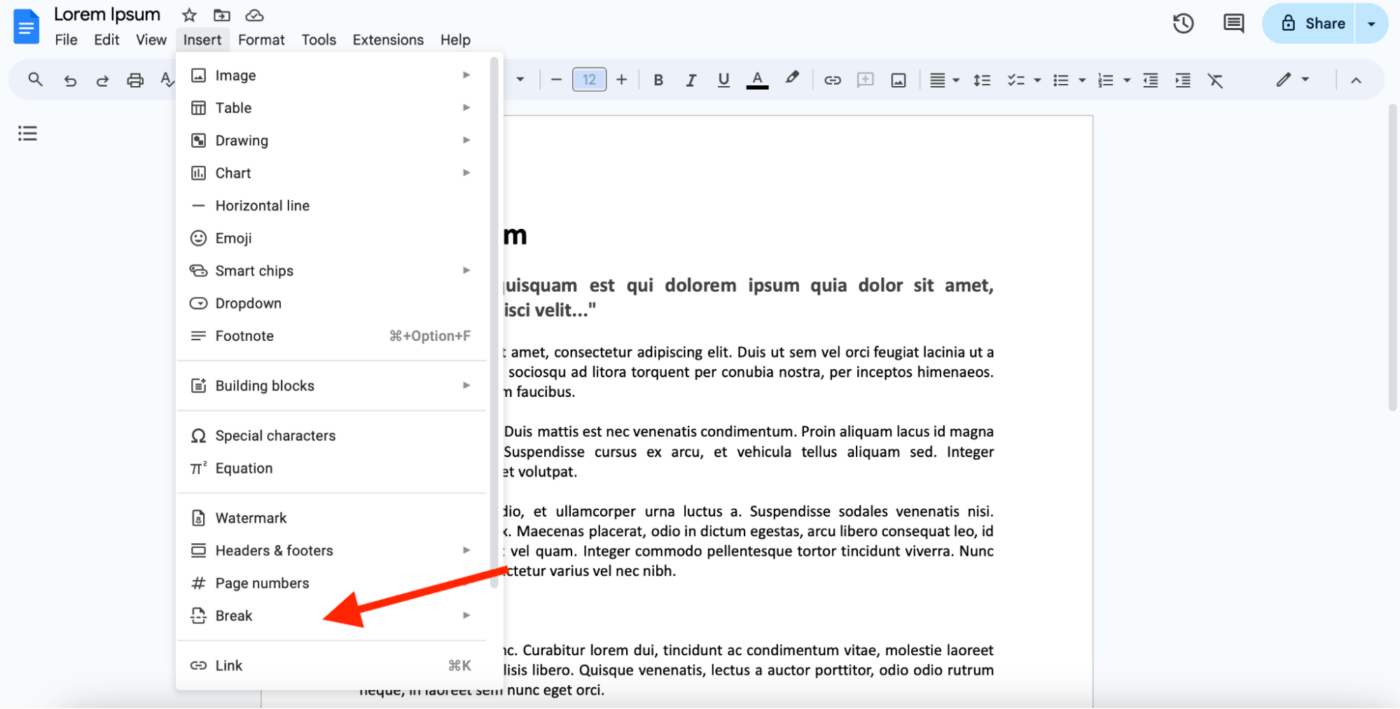 opção "Break" no Google Docs