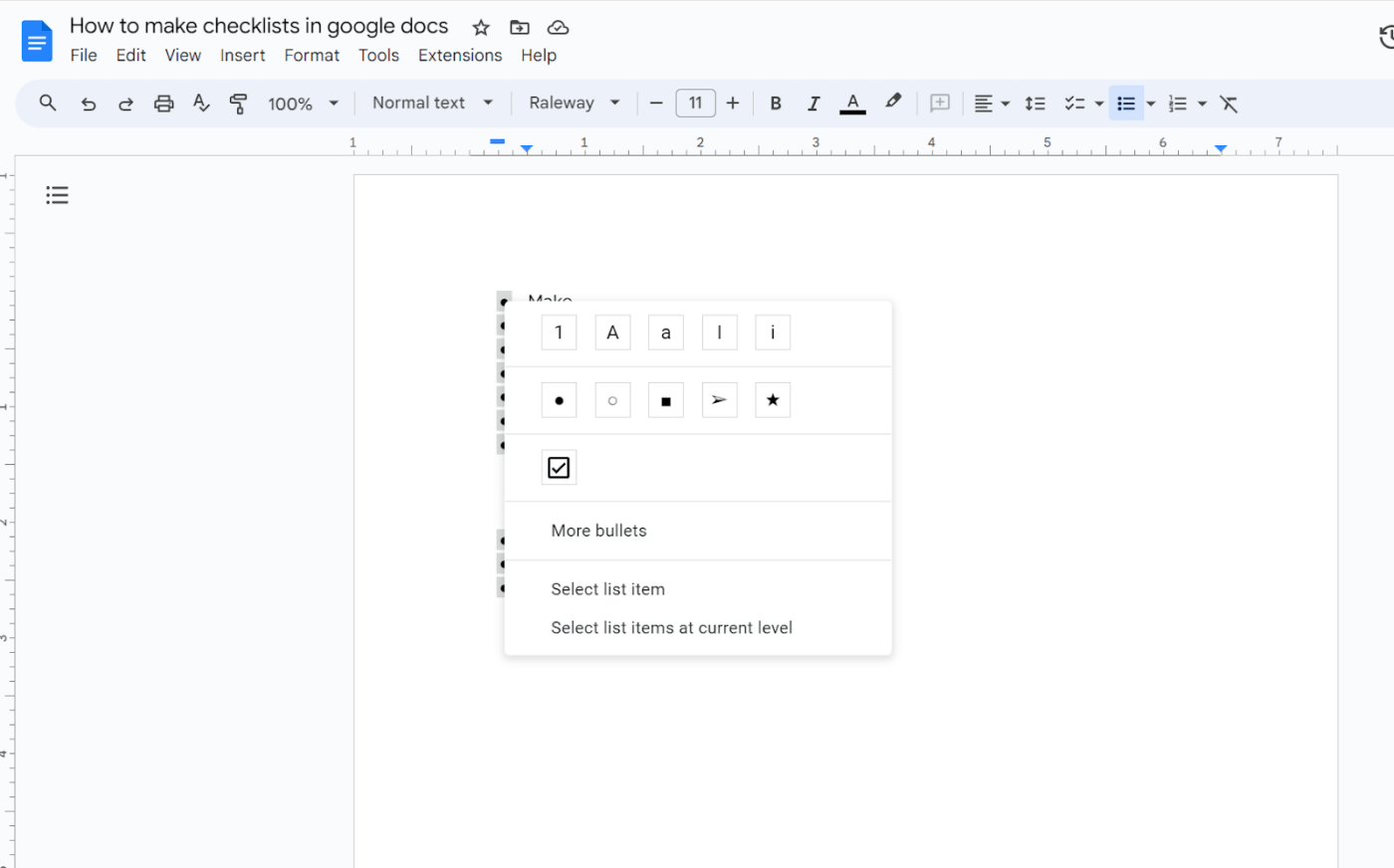 Menu de la checklist à puces dans Google Docs