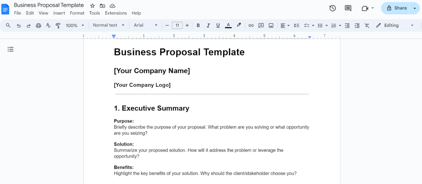 Business proposal template in Google Docs