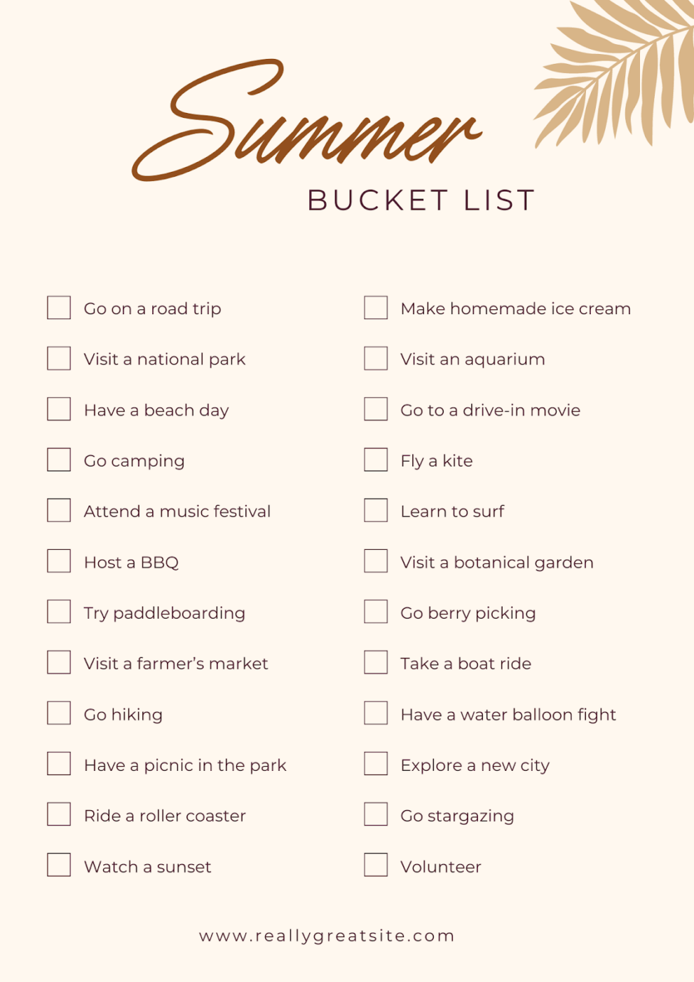 Summer bucket list template