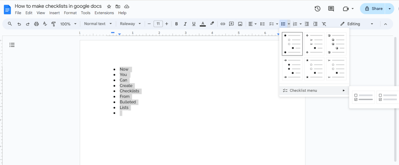 Menü Checkliste in Google Docs